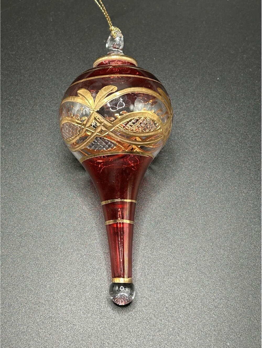 Vtg Egypt Hand Blown Art Glass Ornaments Teardrop Deep Red Gold Trim 1990’s
